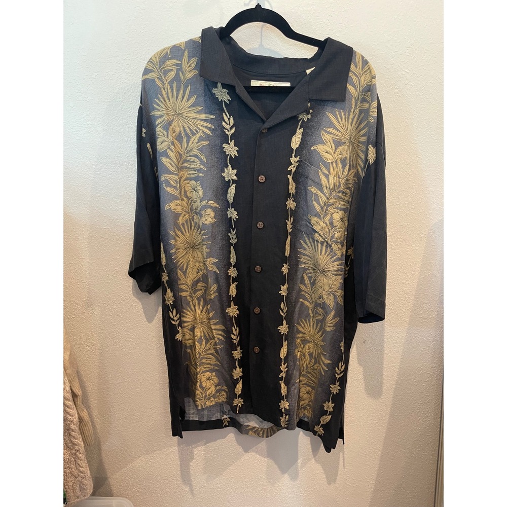 Tommy Bahama Mens XL Silk Camp Shirt Black Gold Floral Palm Print Short Sleeve